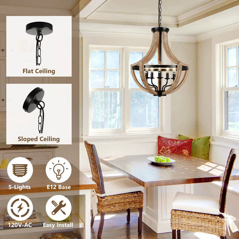 Solid Wood Modern Farmhouse 5 Light Chandelier For Dining Room And Kitchen Island Adjustable Height Brown Finish Rustic Chic Pendant Lighting For Living Room Foyer Over Table Handcrafted And Eco Friendly in dining setting