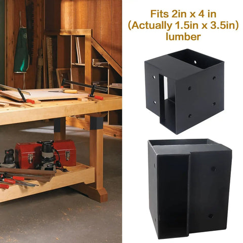 Rock Solid 8 Piece Workbench Bracket Kit For 2X4 Lumber Three Way Right Angle Corner Connectors Heavy Duty Carbon Steel With Rust Resistant Finish, showing corner connectors for 2x4 lumber.