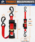 4 Pack Auto Retracting Ratchet Straps 1x10 Ft Self Roll Back System with black hooks measuring 5.9 in and 10 ft strap.