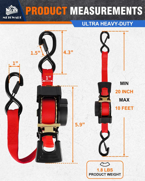 4 Pack Auto Retracting Ratchet Straps 1x10 Ft Self Roll Back System with black hooks measuring 5.9 in and 10 ft strap.