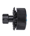 Side view of Eight Outlet Adjustable Bubbler for Drip Irrigation Systems in black and blue with half inch inlet