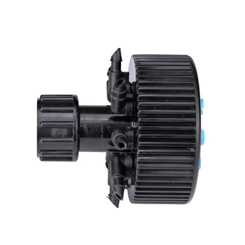 Side view of Eight Outlet Adjustable Bubbler for Drip Irrigation Systems in black and blue with half inch inlet