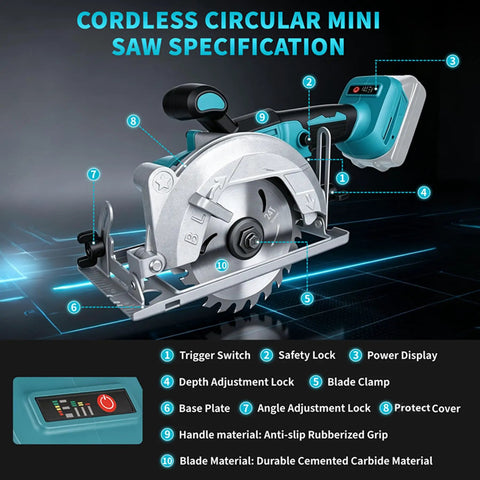 Badass Cordless Mini Circular Saw Drops Right Into Your Makita 18v Setup And Shreds Wood Fast On The Job Site Without Any Hassle, showing specifications.