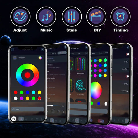 App interface for Outdoor LED Lights for House With App And Button Control Smart RGB IC Eaves Lighting Kit 200 Plus Dynamic Scene Modes IP67 Waterproof IP65 Controller 49 Feet For Roof Garden Christmas Party Decor, showing color adjustment and scene selection.