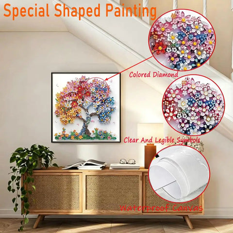 5D Diamond Painting Kit For Adults Beginners Colorful Flower Tree Special Shape Full Drill Diamond Art Dots Gem Craft Set For Home Wall Decor 12 By 12 Inch displayed on wall, colorful diamonds shown closely, waterproof canvas detail.