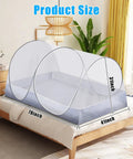Extra Large Pop Up Mosquito Tent For Bed Camping And Travel Portable Foldable Net set up on a wooden bed measuring 78x41x31 inches