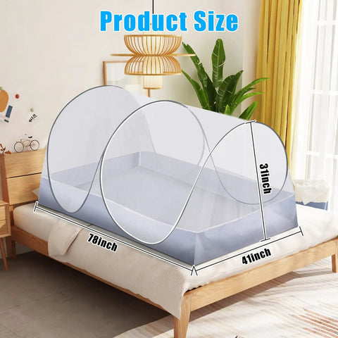 Extra Large Pop Up Mosquito Tent For Bed Camping And Travel Portable Foldable Net set up on a wooden bed measuring 78x41x31 inches