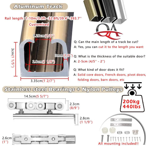 Heavy Duty Two Door Sliding Barn Door Hardware Kit With Flex Bronze Aluminum Track And Smooth Rolling Wheels, detailed dimensions and components.
