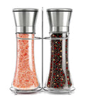 Must-Have Salt and Pepper Grinder Set With Stand, Glass Body Grinders With Stainless Steel Caps, Ceramic Burrs Visible