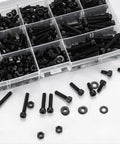 Metric M4 Hex Socket Head Cap Screws Bolts Nuts And Washers Assortment Kit with black oxide coated fasteners in a plastic organizer.