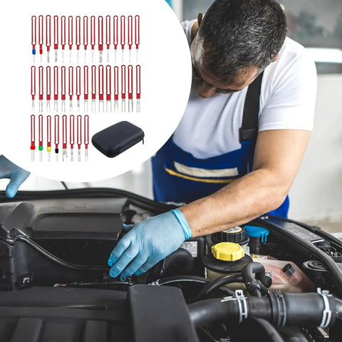 Mechanic using Pin Removal Tool Kit For Automotive Wiring And Repair; includes stainless steel tools and carrying case