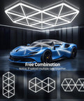 Hexagon Led Garage Lights 27 Pack 6500K Super Bright Daylight Ceiling Lights With Honeycomb Design For Garage Workshop Basement Gym Auto Shop Car Wash And More For Crisp Even Illumination in a garage with a blue sports car underneath.