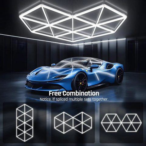 Hexagon Led Garage Lights 27 Pack 6500K Super Bright Daylight Ceiling Lights With Honeycomb Design For Garage Workshop Basement Gym Auto Shop Car Wash And More For Crisp Even Illumination in a garage with a blue sports car underneath.