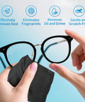 Black microfiber eyeglass cleaning cloth; 6-pack, individually wrapped, for glasses and camera lenses.