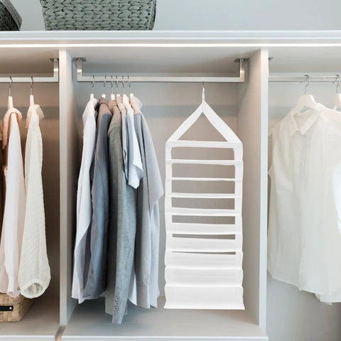 Hella Roomy White PVC Closet Hanging Storage Bag Featuring Nine Spacious Compartments To Keep Your Daily Threads And Weekend Fits Bangin And Fully Organized in a closet.