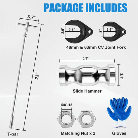 Clatoon inner CV axle puller tool kit with 5/8-18 slide hammer, 48mm & 63mm CV joint forks, T-bar, two nuts, and gloves
