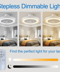 21 Inch Bladeless Ceiling Fan With Light And Remote, 3 Speeds And 3 Light Colors, Low Profile Flush Mount, dimmable feature