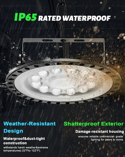 20-Pack 200W UFO LED High Bay Lights, 20,000 Lumens, 5000K Daylight - Close-up of shatterproof, waterproof design under water spray