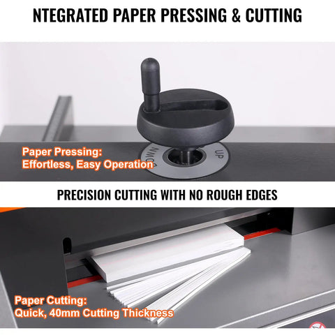 VEVOR 13 Inch Electric Paper Cutter, Desktop Trimming Blade Machine For Office And School, showing integrated paper pressing and cutting mechanism.