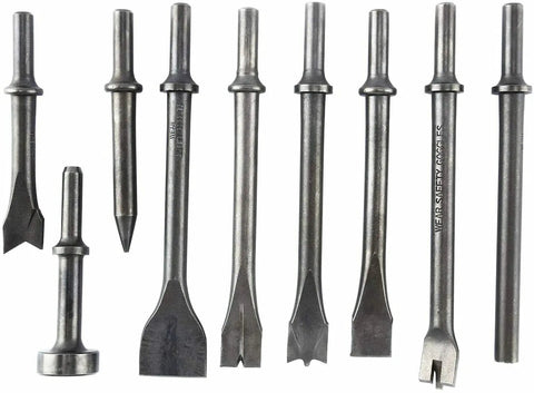Rugged Workhorse Pneumatic Chisel Set For Air Hammer 9 Piece Punching Bits Kit With 0.39 Inch Shank Heavy Duty Steel Chisels