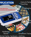 Digital Parts And Coins Counting Scale With 15Kg Capacity And 0.5G Readout, showing applications in various industries.
