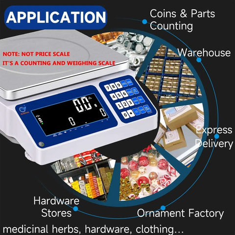 Digital Parts And Coins Counting Scale With 15Kg Capacity And 0.5G Readout, showing applications in various industries.