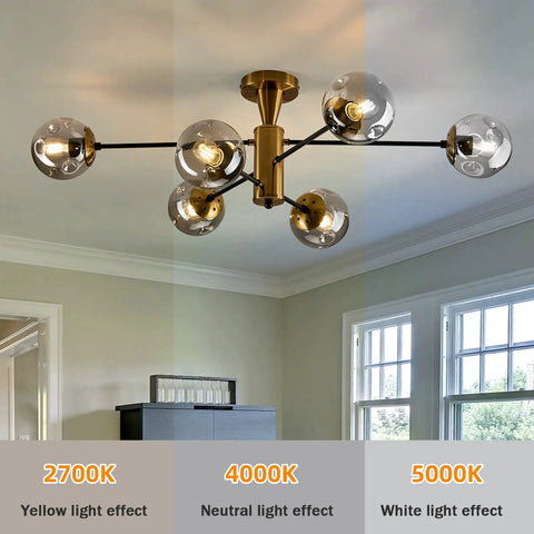 6-Light Sputnik Gold Ceiling Light Fixture With Glass Globe in warm, neutral, and white light settings, semi-flush mount in room.