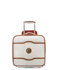 Front view of Chatelet Softside Underseat Carry On Luggage with two wheels, angora ecofriendly recycled fabric and vegan leather trim.