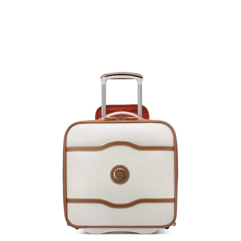Front view of Chatelet Softside Underseat Carry On Luggage with two wheels, angora ecofriendly recycled fabric and vegan leather trim.