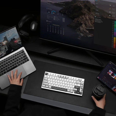 Slick Pro Wireless Aluminum 75 Percent Mechanical Keyboard With Custom LCD Display Gateron Zero Switches on a sleek desk setup.