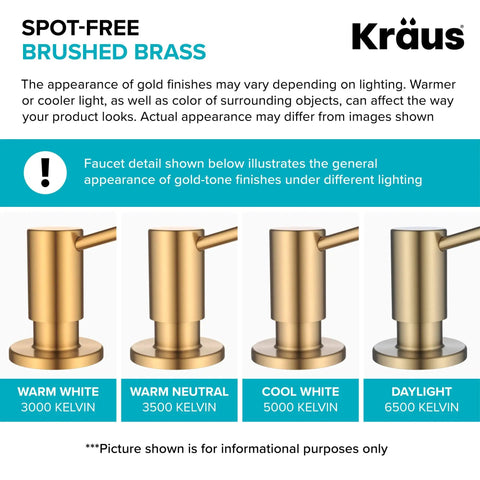 Brushed Brass Multi Purpose Kitchen Soap And Lotion Dispenser With Self Priming Pump, color variations in different lighting