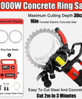 Big 16 Inch Electric Concrete Saw With 3200W Motor, Heavy Duty Circular Cutter For Deep Wall Breaks In Bricks Rebar And Stone, 11.8 Inch Cutting Depth Power Tool showcasing 16in toroidal blade and adjustable handles.