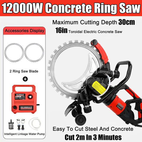 Big 16 Inch Electric Concrete Saw With 3200W Motor, Heavy Duty Circular Cutter For Deep Wall Breaks In Bricks Rebar And Stone, 11.8 Inch Cutting Depth Power Tool showcasing 16in toroidal blade and adjustable handles.