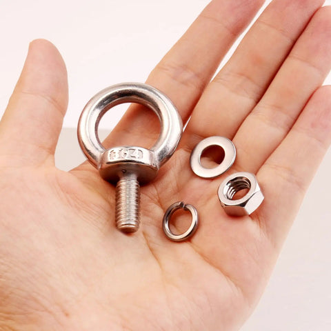Heavy Duty M6 X 12 Mm Threaded Eyebolts With Nuts And Washers Marine Grade 304 Stainless Steel in hand for assembly.