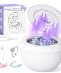 Ultrasonic Retainer Cleaner Machine With 45KHz Cleaning Power For Dentures, Aligners, Mouth Guards, Night Guards, Toothbrush Heads And Jewelry, Four Cleaning Modes, Digital Timer, 200ml Capacity, White with open lid and cleaning lights