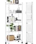 Five Shelf Folding Bookshelf With Wheels For Easy Go Anywhere Setup No Fuss Heavy Duty Freestanding Metal Wire Storage Rack For Living Room Office Kitchen Basement Pantry In White, 24 x 11 x 58