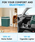 Tailgate Ready Portable Thermoelectric Car Cooler And Warmer 26 5 Quart dual temp fridge connected to 120V AC and 12V DC power.