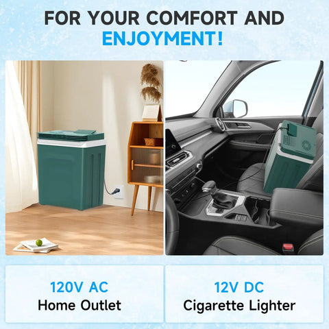 Tailgate Ready Portable Thermoelectric Car Cooler And Warmer 26 5 Quart dual temp fridge connected to 120V AC and 12V DC power.