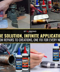 Collage of 8 Oz Epoxy Pro Kit 5 Minute Fast Set Flexible Toughened Glue with 2600 Lb Shear Strength used for various DIY repairs.