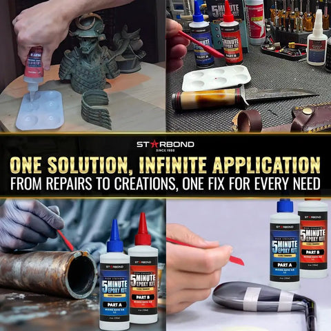 Collage of 8 Oz Epoxy Pro Kit 5 Minute Fast Set Flexible Toughened Glue with 2600 Lb Shear Strength used for various DIY repairs.