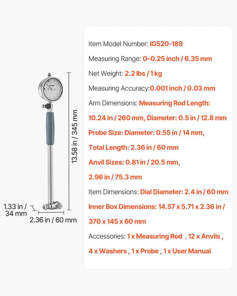 Pro Grade Dial Indicator and Bore Gauge Set for Lathe and Milling Work, 0.001 Inch Precision, 2.36 in length, stainless steel