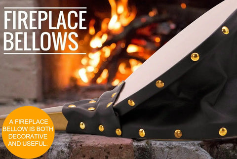Top Shelf Wooden Fireplace Bellows With Heavy Leather Strap Brown Air Blower Pump For Campfires Barbecue close-up view by fire.