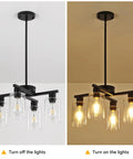 Sleek Modern Black Four Light Farmhouse Chandelier Featuring Crisp Cylindrical Glass Shades Fully Adjustable Height Industrial Pendant Fixture lit and unlit