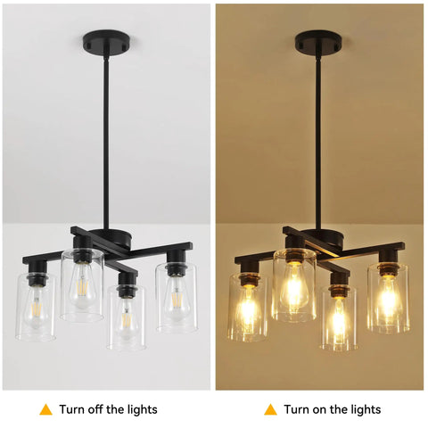 Sleek Modern Black Four Light Farmhouse Chandelier Featuring Crisp Cylindrical Glass Shades Fully Adjustable Height Industrial Pendant Fixture lit and unlit