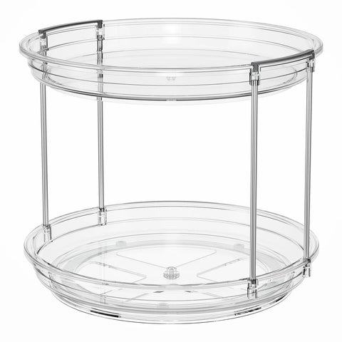 Two-tier clear acrylic Lazy Susan turntable on chrome frame, 9.25-inch diameter.