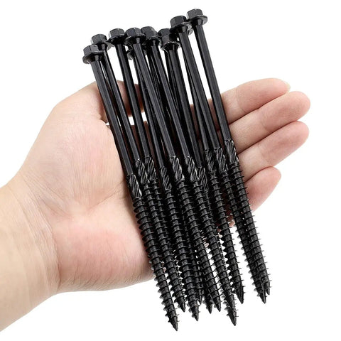 Tough As Nails Heavy Duty Structural Deck Screws Including Fifty Piece Set In Airtight Jar With Hex Bit Featuring Self Drilling Points And Serrated Threads For Quick Easy Buildouts held in hand.