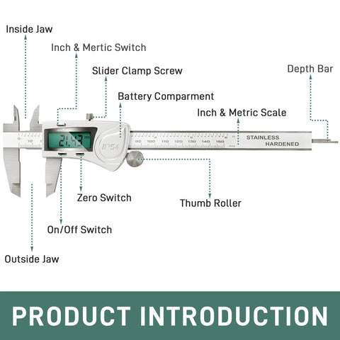 Ultra Accurate IP54 Waterproof Digital Caliper With Large LCD Screen Stainless Steel Vernier Caliper For Inch And Metric Conversion 6 Inch Measuring Tool For DIY Home Projects And Workshop Use showing labeled features like inside jaw, depth bar, and LCD screen.