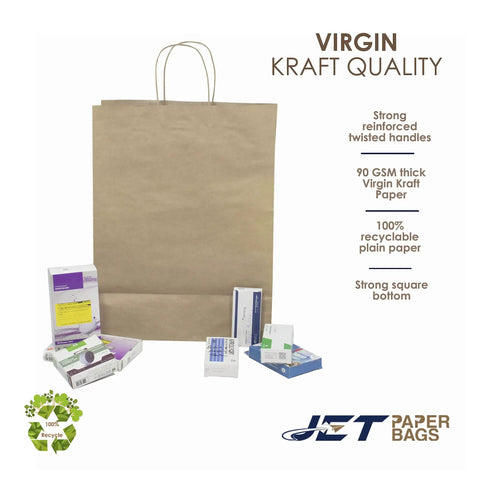 Kraft Paper Bags With Twisted Handles 12.5 By 6.5 By 15.5 Inch Brown Bulk Pack Of 300, shown with packaging boxes