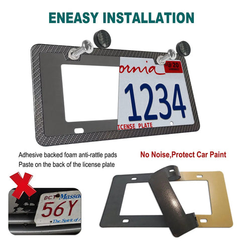 Carbon Pattern Aluminum License Plate Frame Slim Car Tag Cover Black Finish Includes Heavy Duty Mount Kit Screws Bolts Nuts Rattle Proof Pad.