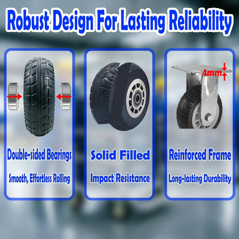 Five Inch Heavy Duty Casters Set Of Four Premium Swivel Rollers Built Tough As Nails Featuring Non Marking Rubber Wheels That Glide Smoothly On Any Concrete Or Garage Floor Supporting Three Thousand Pounds Total Capacity, showcasing features like double-sided bearings and solid-filled wheels.